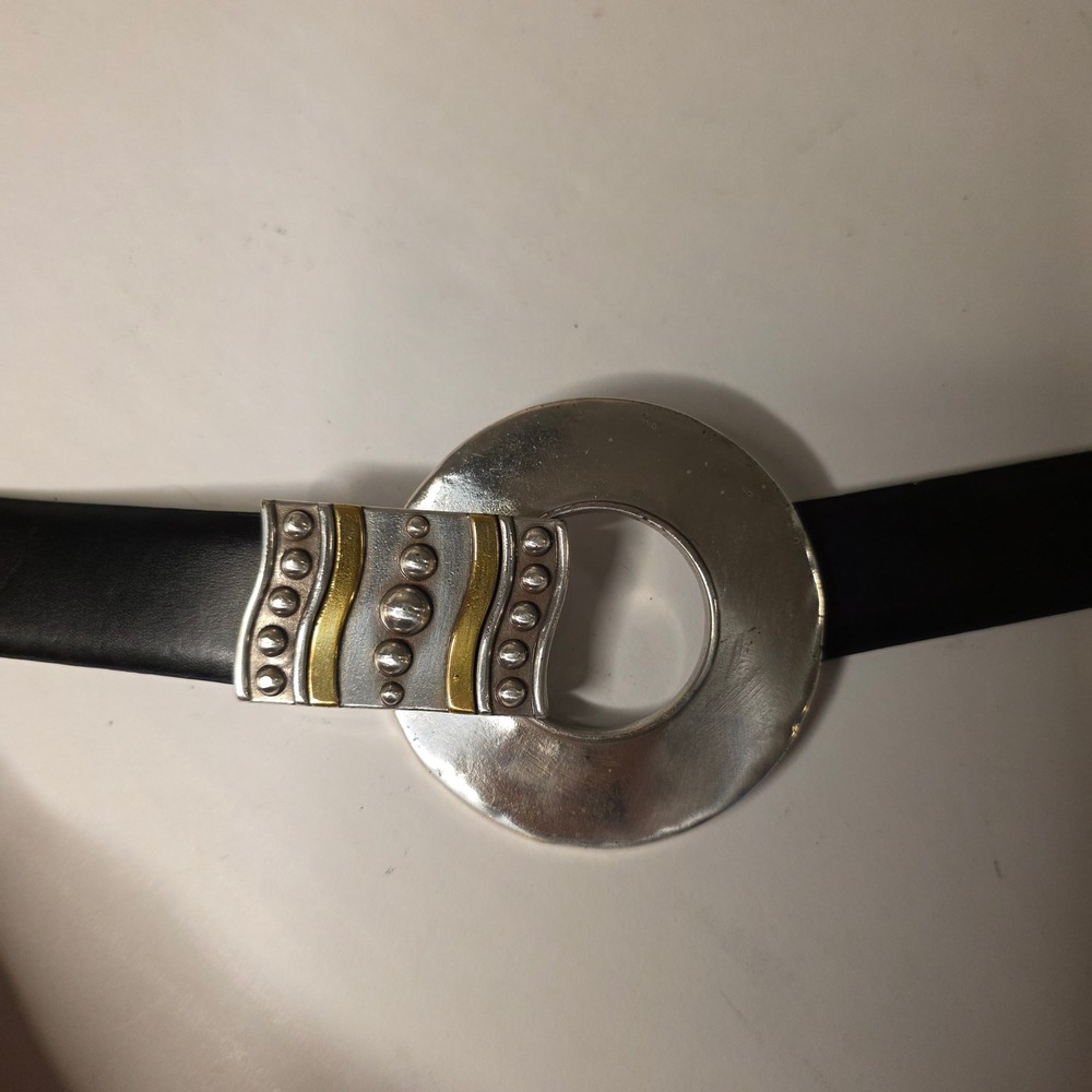 Chicos Mohican Trouser Belt Black Leather Mixed Metal Buckle Vintage 1762 ML